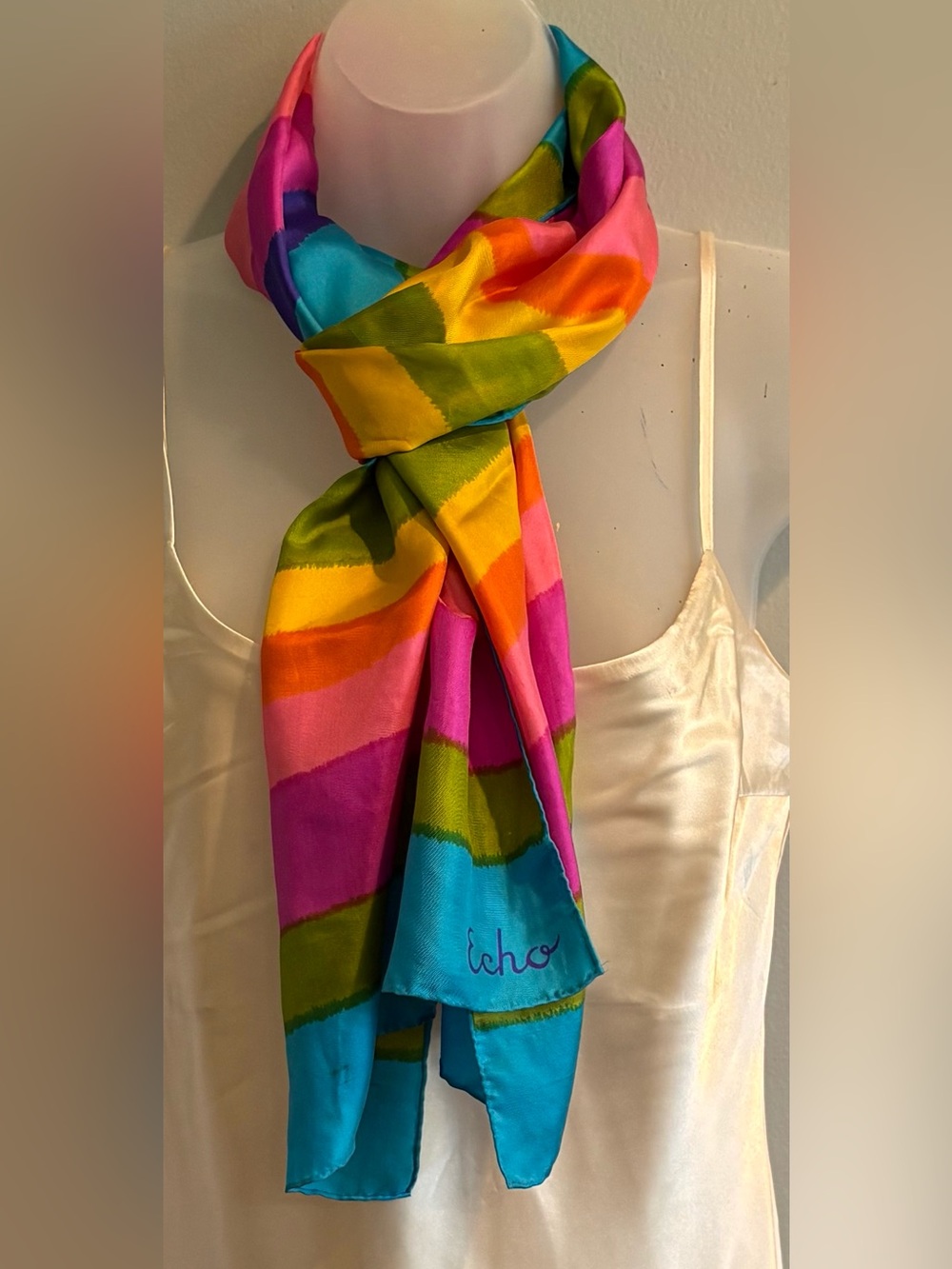Echo Silk Scarf Vintage Bold Diagonal Color Block pink orange yellow lime teal